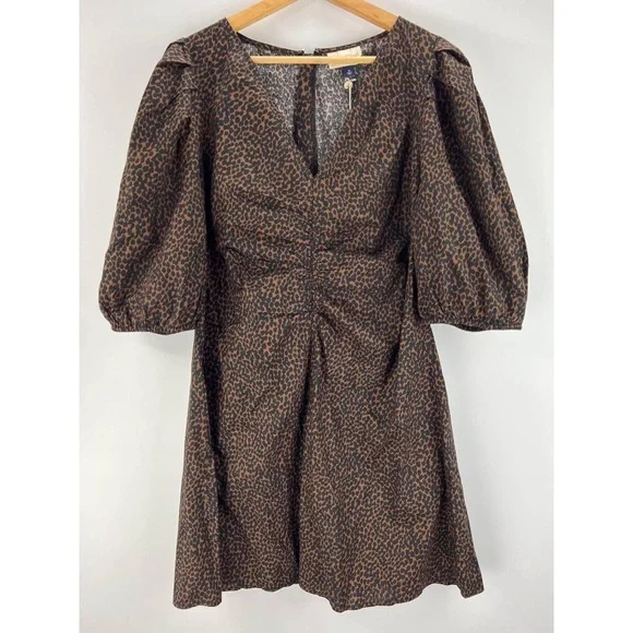 Universal Thread Brown Animal Print Mini Dress Ruched front big puff sleeves NWT - Picture 1 of 16